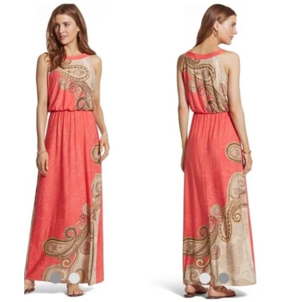 Chico's Contrast Paisley Hope Blouson Sleeveless Coral Maxi Dress Size 2 L - Picture 2 of 13